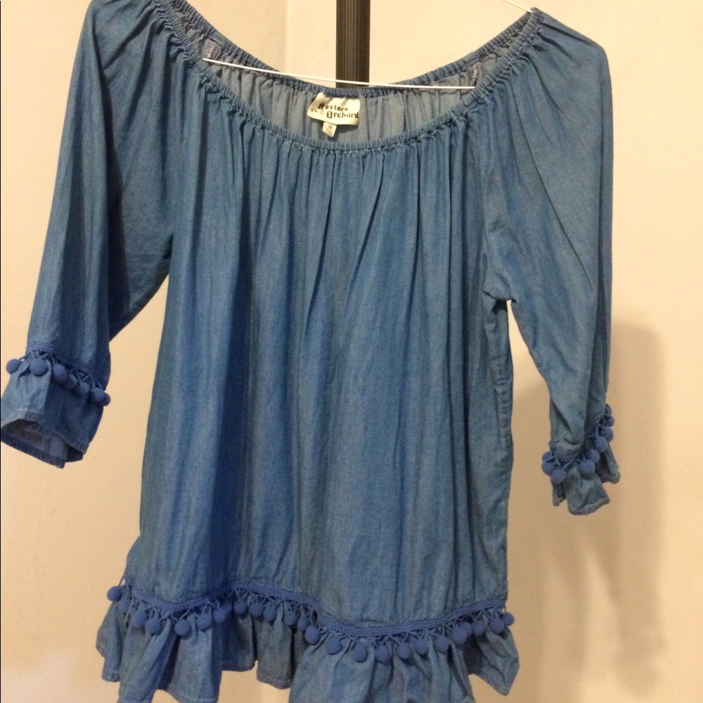 Denim PomPom Trim Peasant Blouse